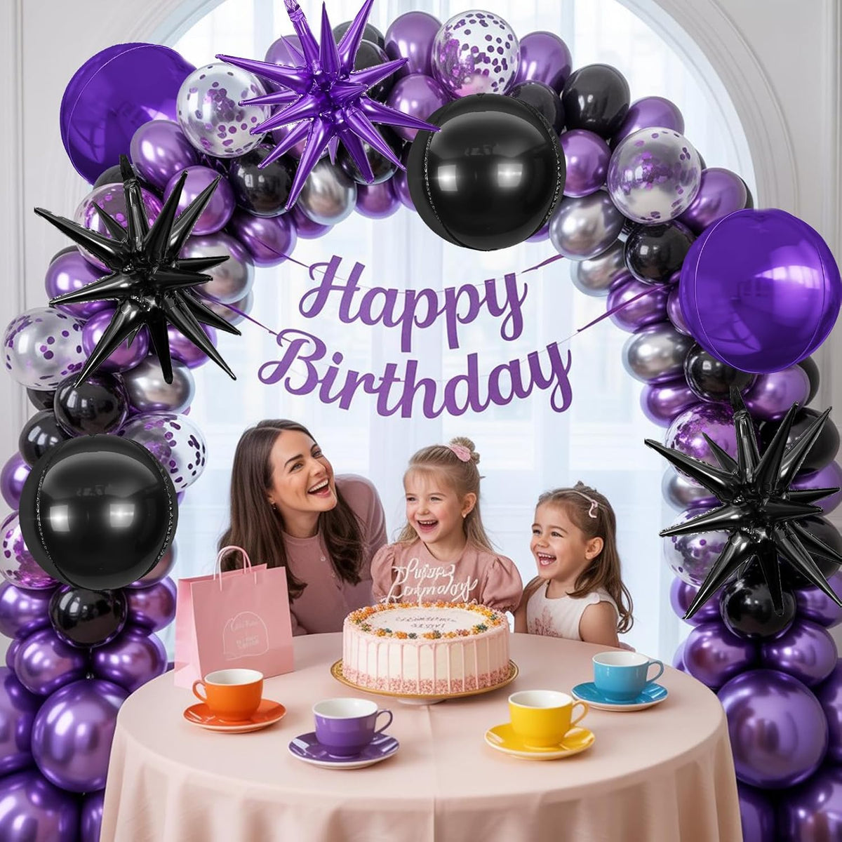 6Pcs Black Purple Foil Balloons,22Inch Purple Black 4D Round Ball Balloon and Explosion Star
