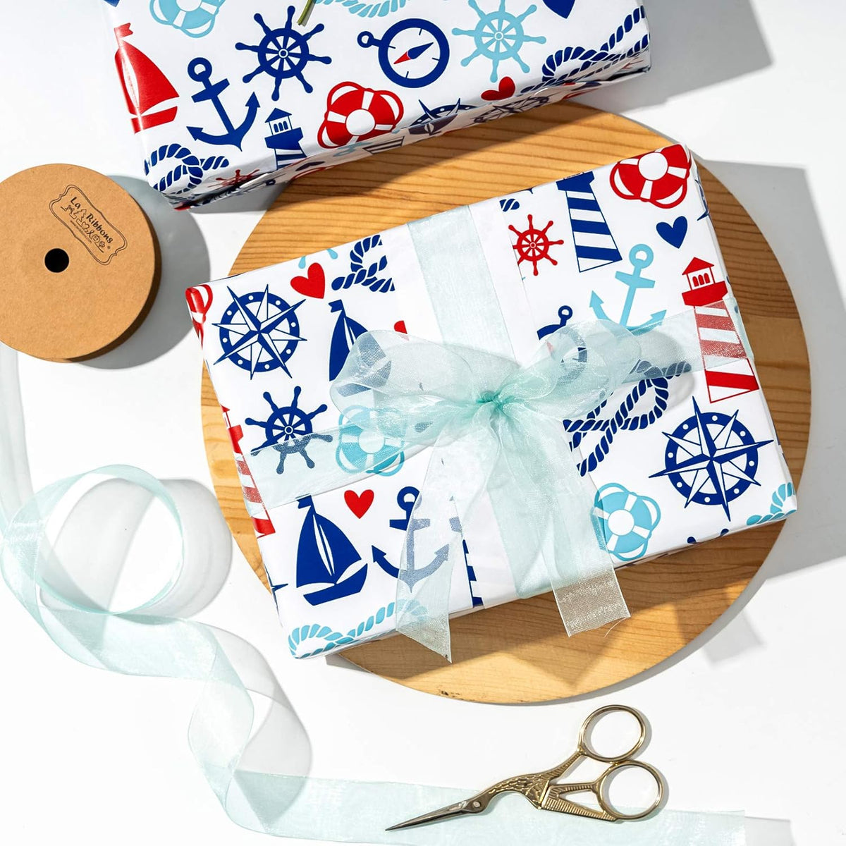 WRAPAHOLIC Nautical Anchors Wrapping Paper Roll - 17 Inch x 33 Feet - Nautical Element Anchor