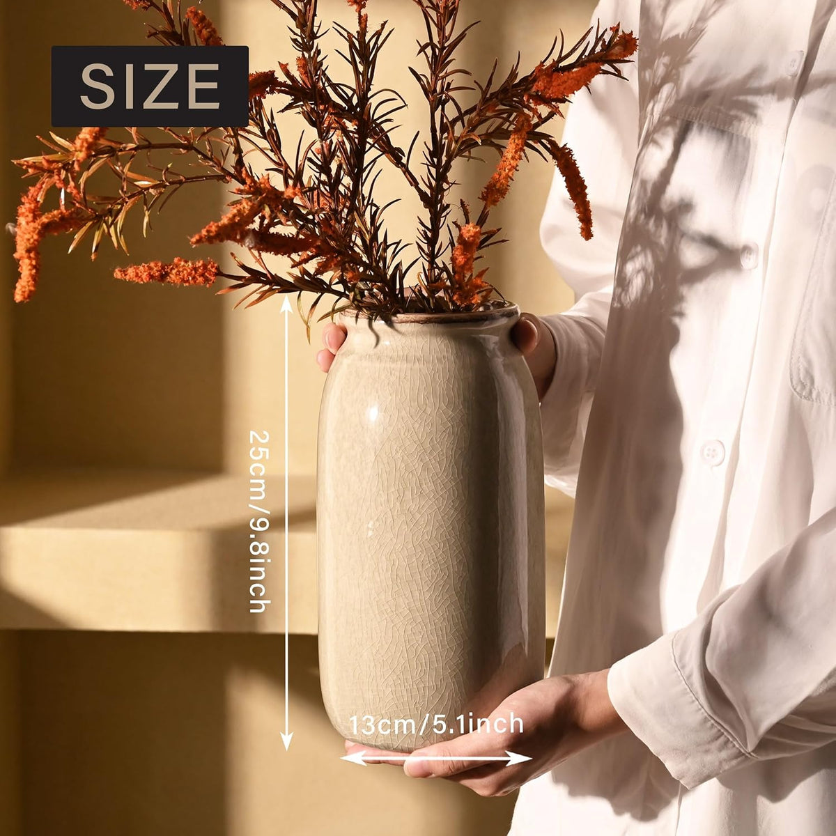 VICTOR & TERESA Rustic Large Green Vase for Home Decor, 10'' Tall Ceramic Vases for Flowers
