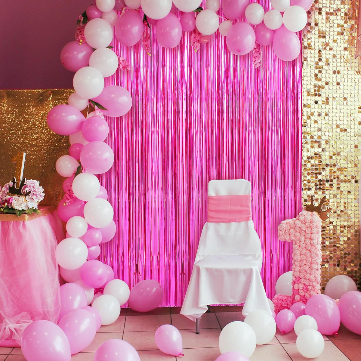 2 Pack Hot Pink Foil Fringe Curtains Streamers Party Decorations 3.3 x 8.2 ft, Tinsel Curtain