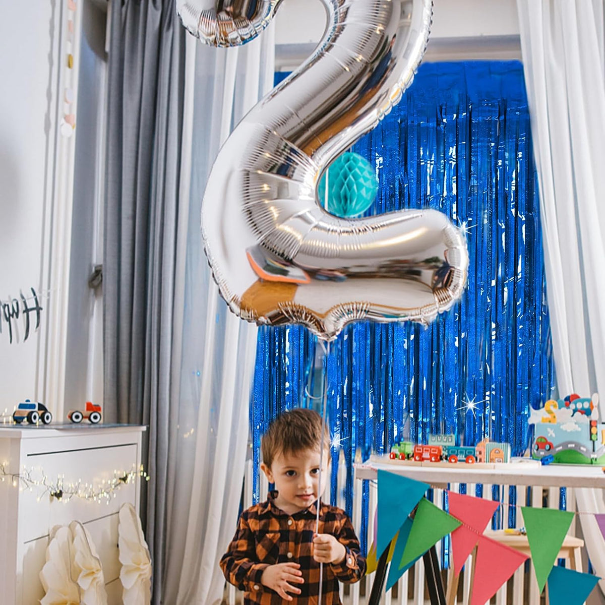 Tinsel Curtain Party Backdrop Blue Birthday Decorations 5 Packs Glitter Foil Fringe Curtain Party