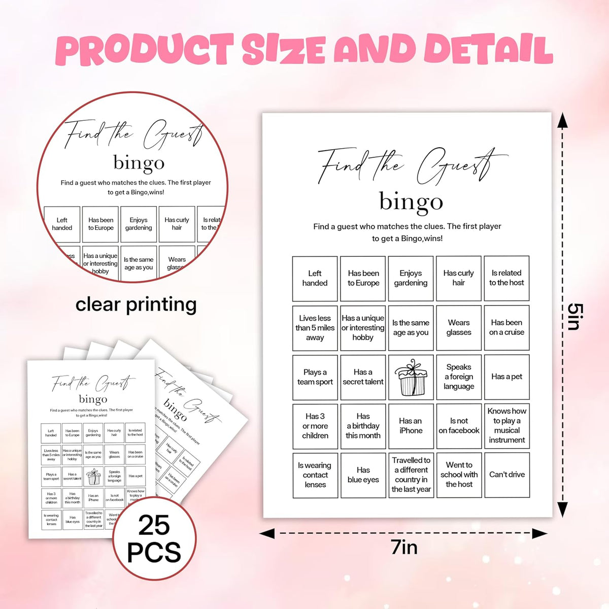 Birthday Party Games, Find The Guest Bingo, 25 Pcs Card Set for Guests, Fun Birthday Game for Teen