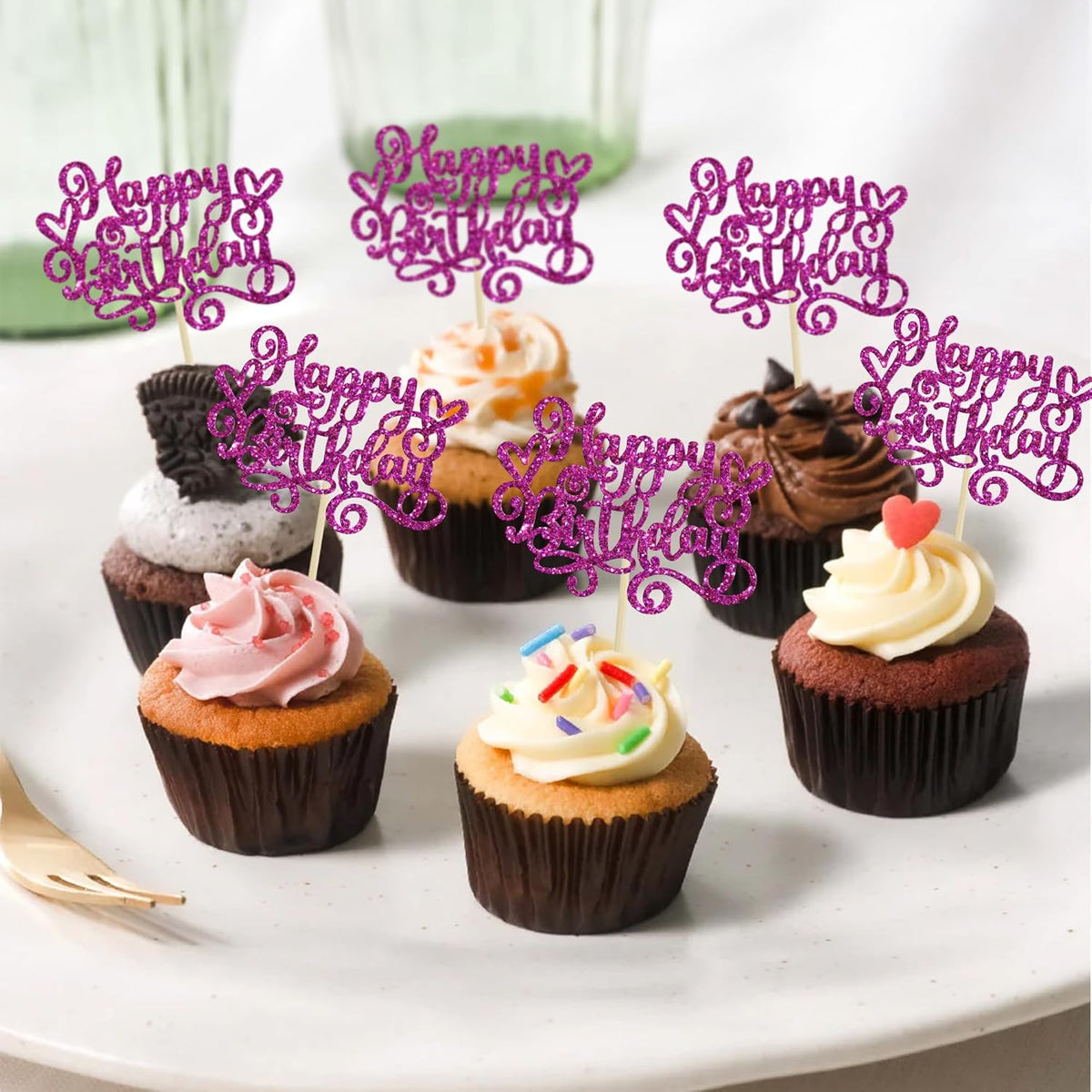 Gyufise 24Pcs Happy Birthday Cupcake Toppers Glitter Happy Birthday Cupcake Picks for Celebrating