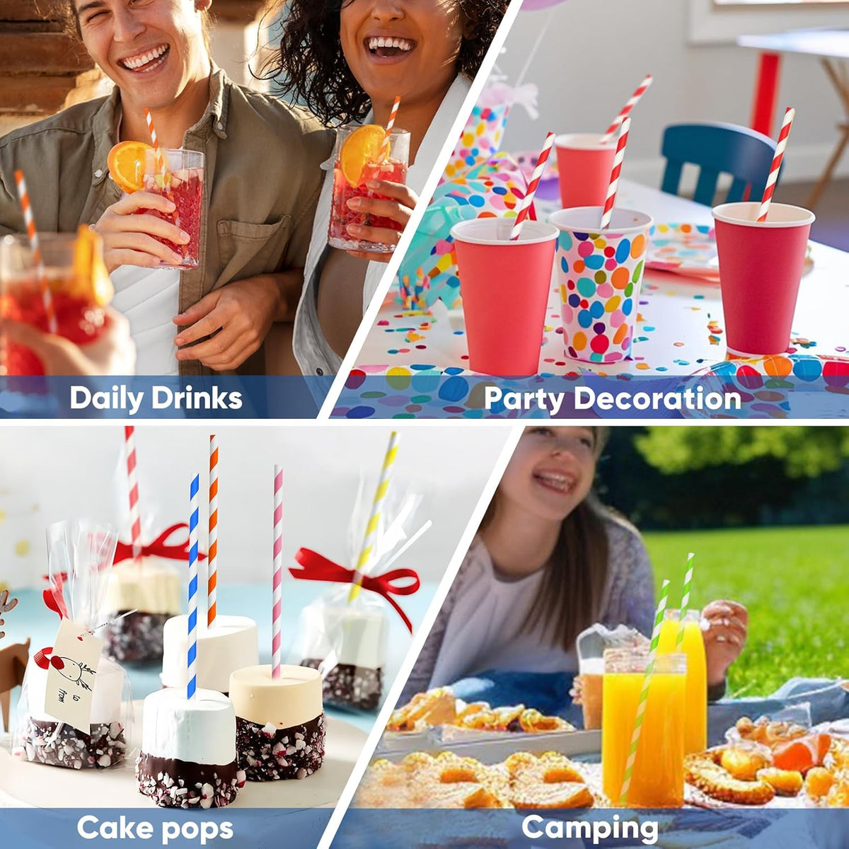 [100 Counts] 7.75 Inch Colorful Striped Disposable Paper Drinking Straws, 10 Assorted Colors