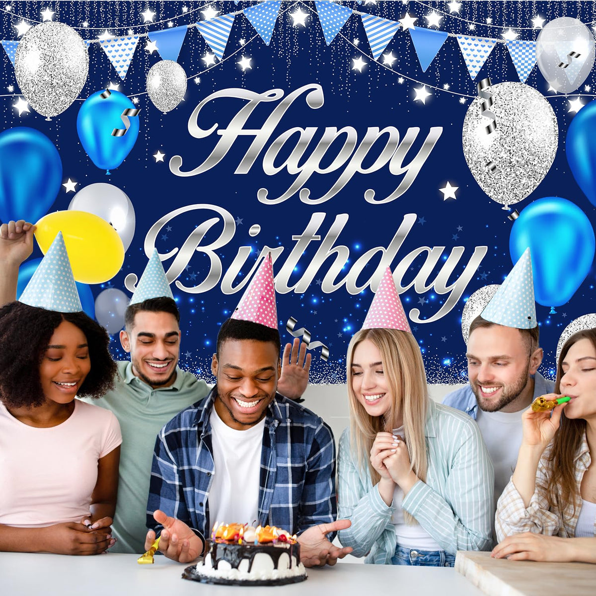 MDCGFOD Happy Birthday Banner - Birthday Decorations for Men Women Boys Girls Blue Sliver Birthday