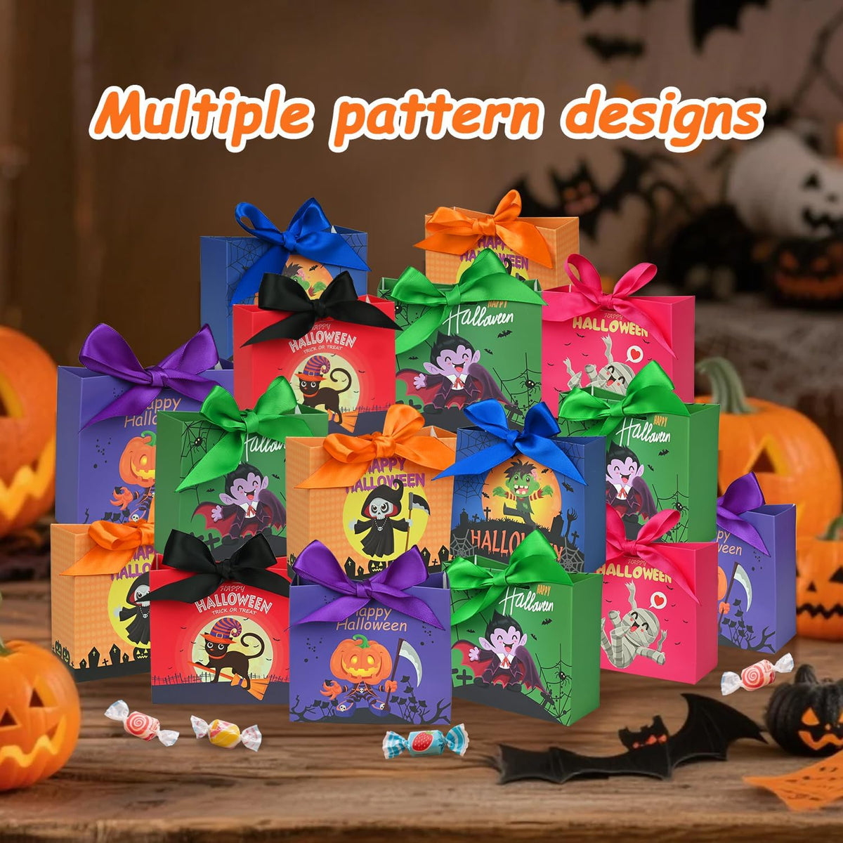 24PCS Halloween Goodies Bags, Trick or Treat Candy Gift Paper Bags Bulk with Ribbons, Halloween