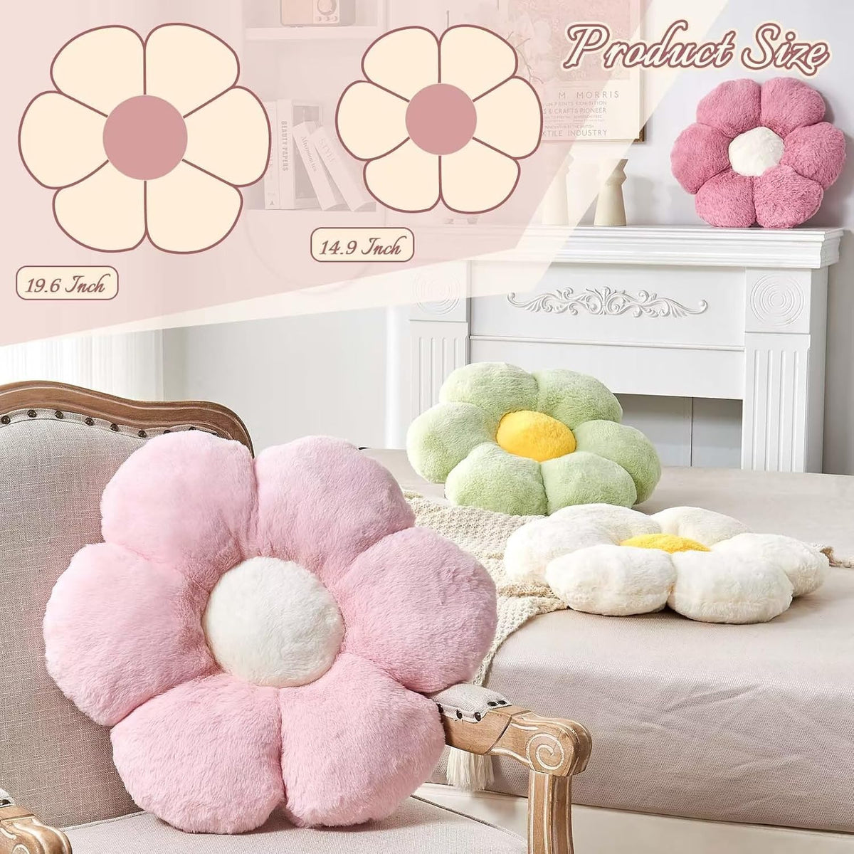 Beige Flower Pillow, Cute Decorative Flower Shaped Throw Pillow with Faux Rabbit Fur, 19.6" Soft