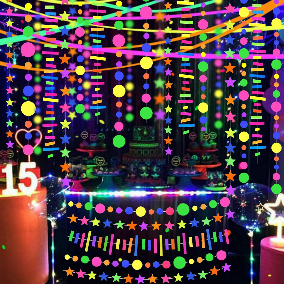703feet UV Paper Neon Garland Neon Streamers Glow in The Dark Glow Party Supplies and Decorations