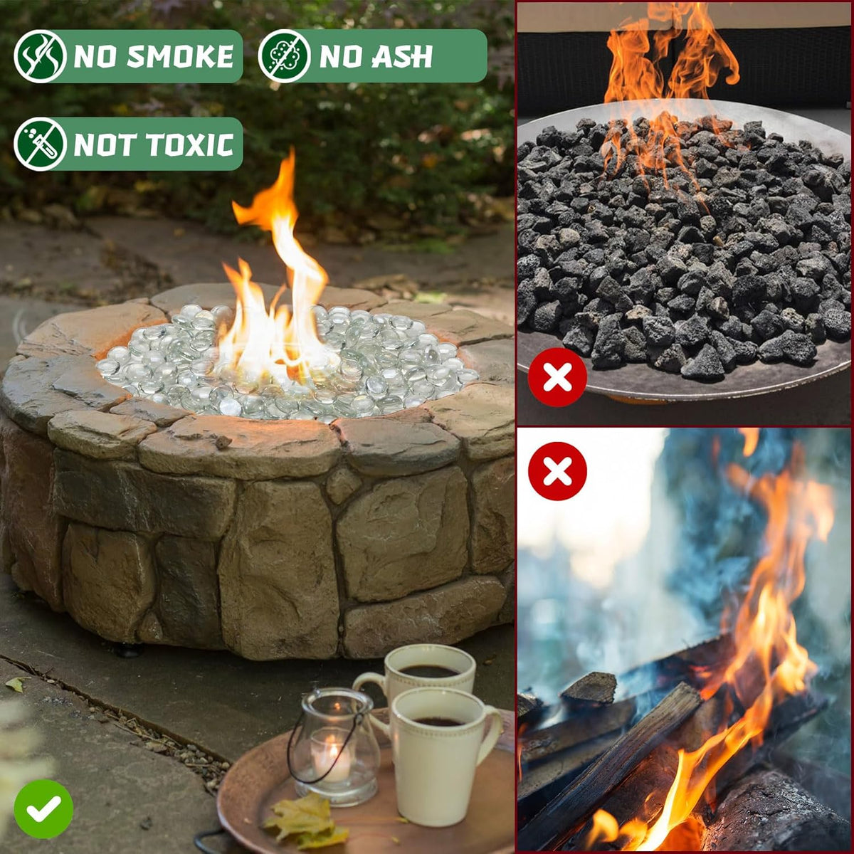 20 Pounds Firepit Glass, 3/4 Inch Glass Beads, Rocks for Fire Pit Table, Fireplace and Fire Bowl