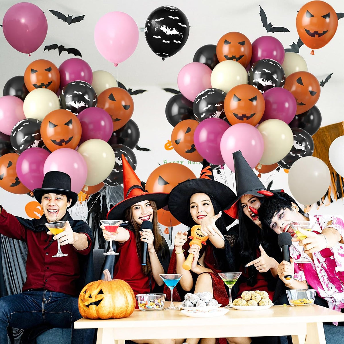 Halloween Party Balloons, Black Hot Pink Orange Balloons, Retro Peach Red Pastel Pink Balloon Black