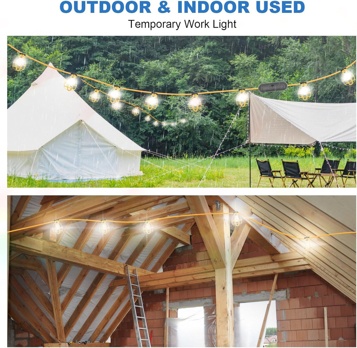50FT Construction String Lights with Outdoor Extension Cord Safety Cover, 50W 5 Bulbs Work Lights