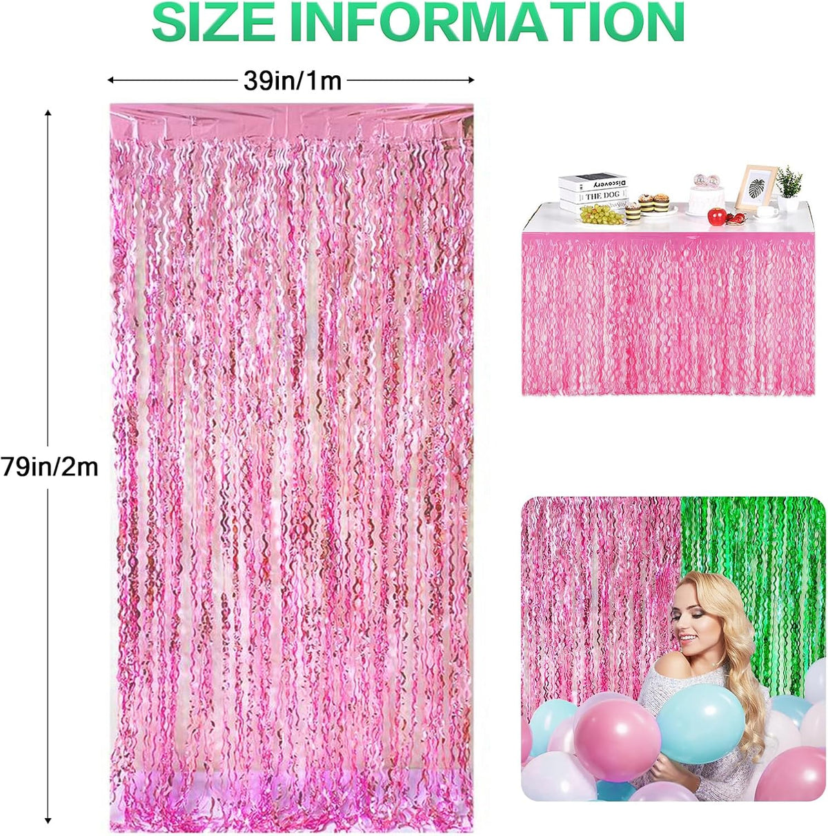 CANREVEL 2 Pack 3.3x6.6 Feet Pink and Green Wavy Foil Fringe Backdrop Curtains, Tinsel Streamers