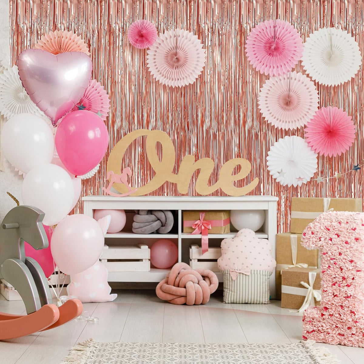 Crosize 2 Pack 3.3 x 9.9 ft Rose Gold Foil Fringe Backdrop Curtain, Streamer Backdrop Curtains