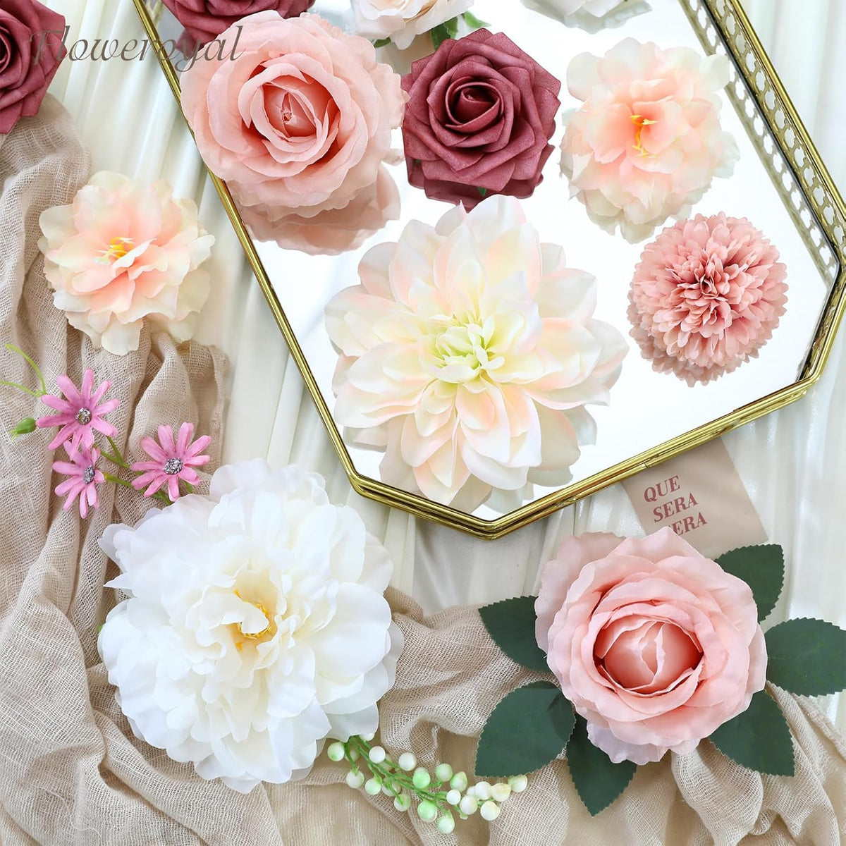Floweroyal Artificial Flowers Combo Pink Flowers Mix Silk Flowers Dahlia Roses with Stems for DIY