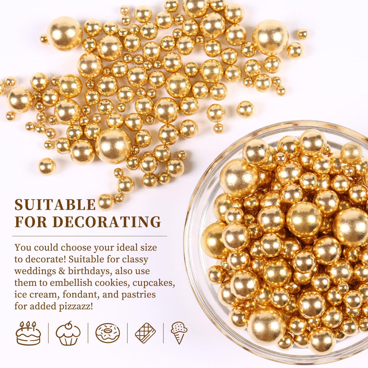 Pearl Sprinkles, Gold Pearls for Cake Decorating, Cake Pearls, Metallic Pearl Sprinkles Mix for