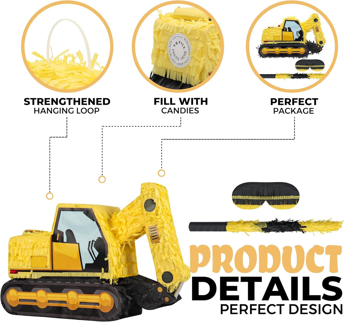 Excavator Pinatas Bundle with a Blindfold and Bat (16.5x11x4.7 inch), Pinata for Construction Theme