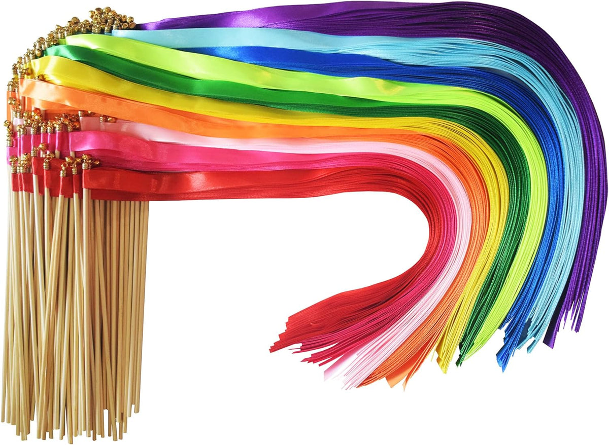 Kingsnow 100 Pieces Multi-Color Ribbon Wands Streamers Sticks with Gold Bell, Chromatic Silk Wish