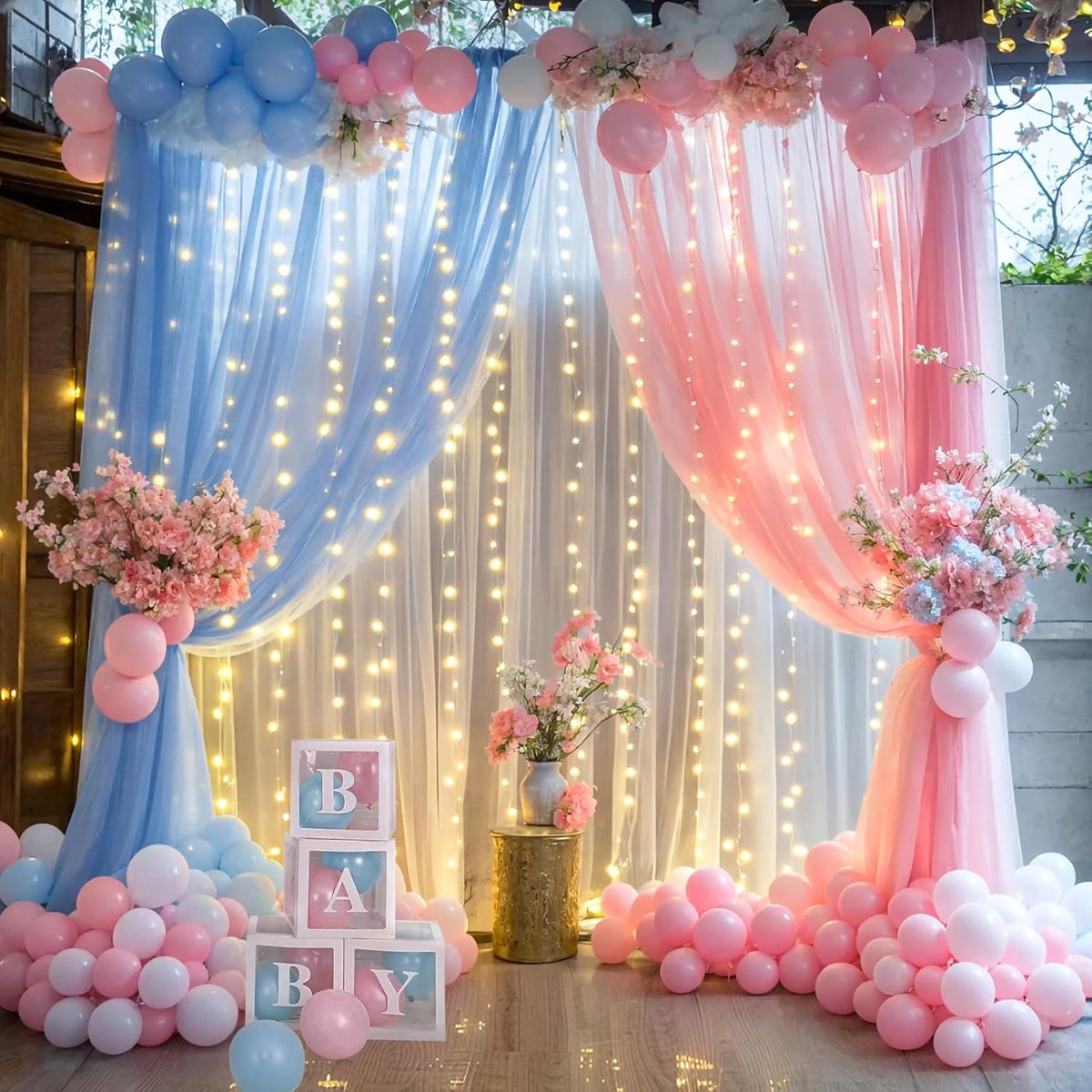 Pink and Blue Backdrop Curtains with Lights String for Baby Shower Sheer Tulle Backdrop Curtain for