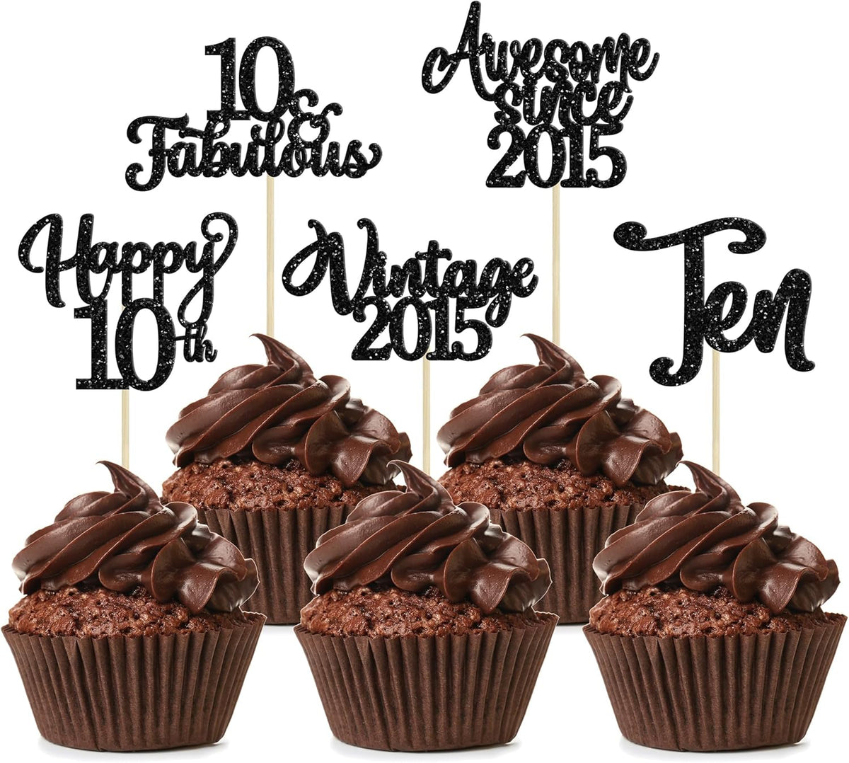 30Pcs Happy 10th Birthday Cupcake Toppers Glitter Ten Vintage 2015 Cupcake Picks Cheers to 10
