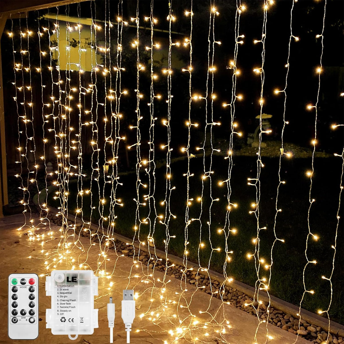 LE Fairy Curtain Lights Battery Operated & USB Plug in, Remote 10 x 10 ft Hanging String Lights for