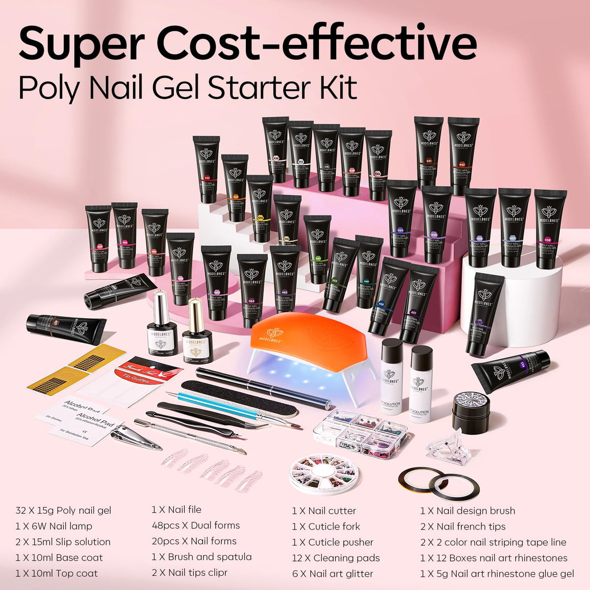 Modelones 133pcs Poly Extension Gel Nail Kit, 32 Colors All Seasons Poly Gel kit with Nail Lamp