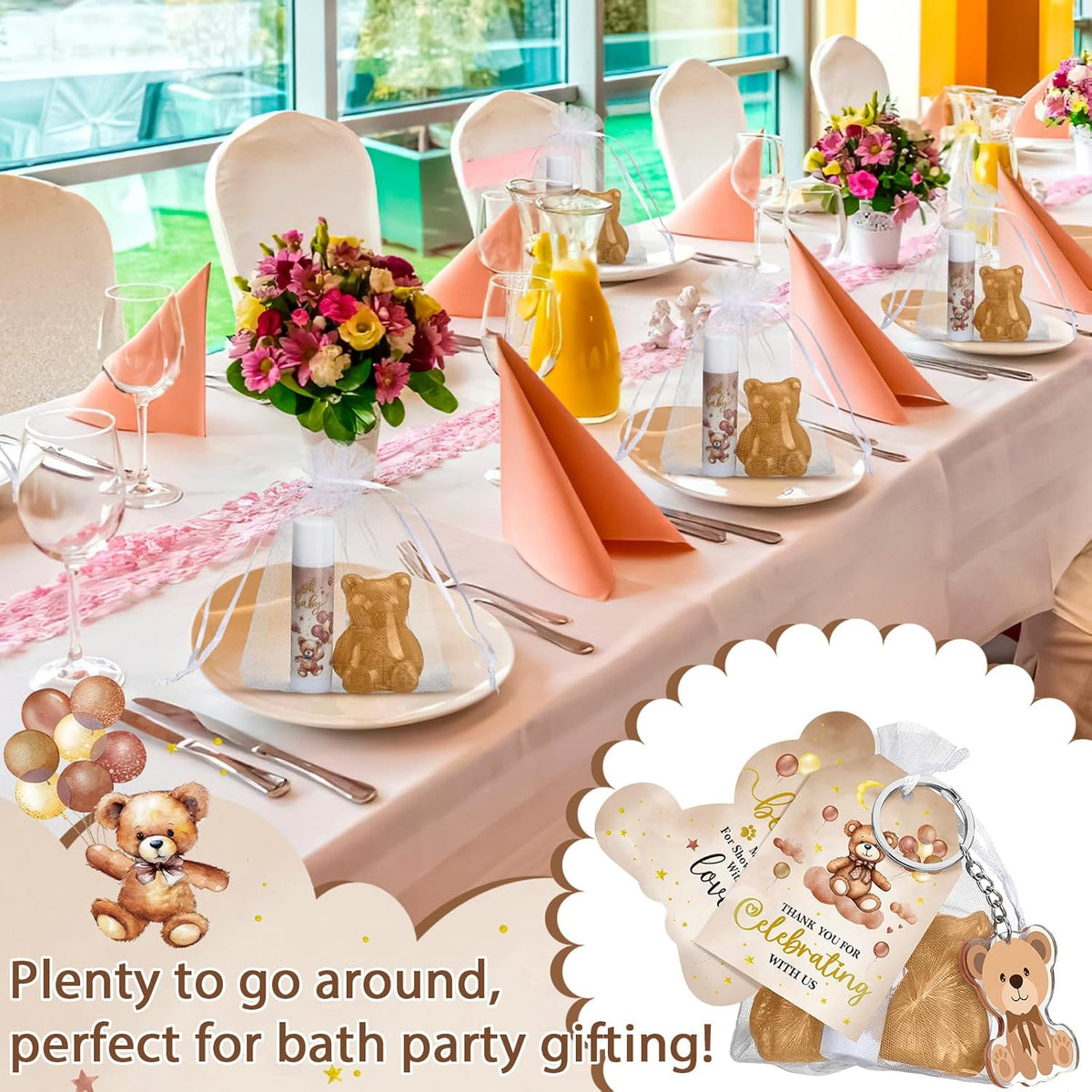 288 Baby Shower Favors: 48 Sets of Lip Balms, Soaps, Keychains, Organza Bags, Thank You Tags &