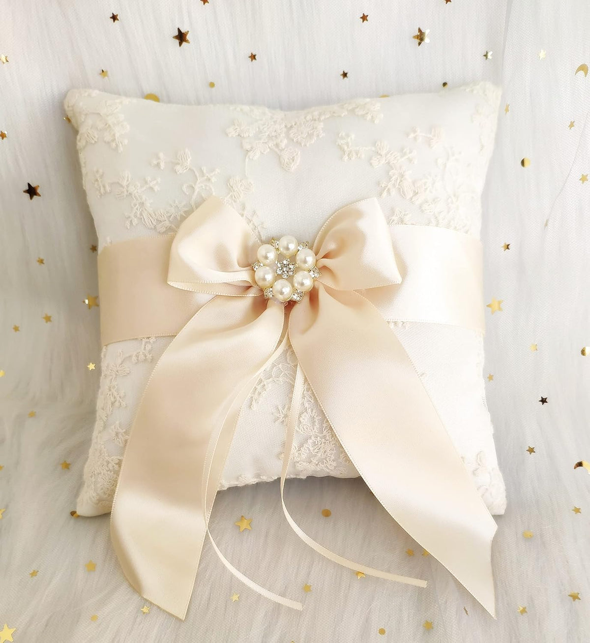 Lace Pearl Wedding Ring Pillow Cushion Bearer 8.26 Inch with Beige Ribbon Bow Rhinestone Brooch