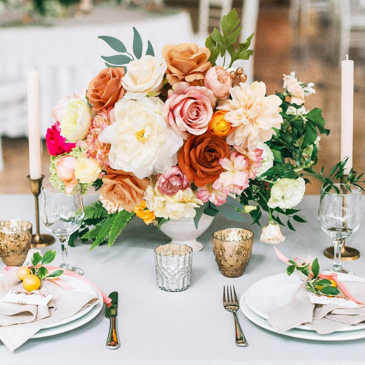 AmyHomie Champagne Artificial Flowers Combo Silk Mix Peony Rose Hydrangea Fake Flowers w/Stem for