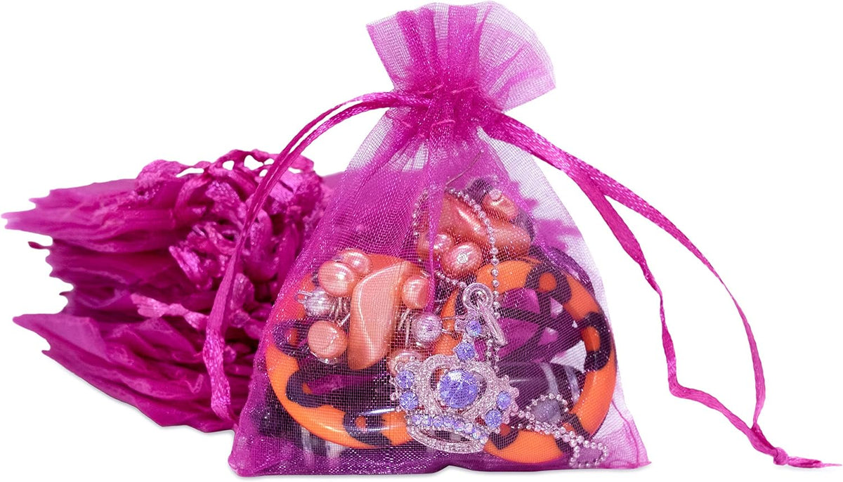 TheDisplayGuys 100-Pack 3x4 Hot Pink Sheer Organza Gift Bags with Drawstring, Jewelry Candy Treat