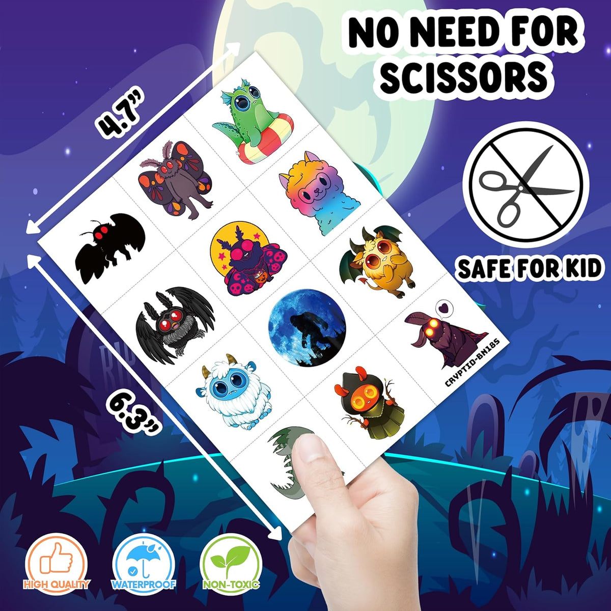 96PCS Cute Cryptid Temporary Tattoos Themed Halloween Birthday Party Decorations Supplies Favors