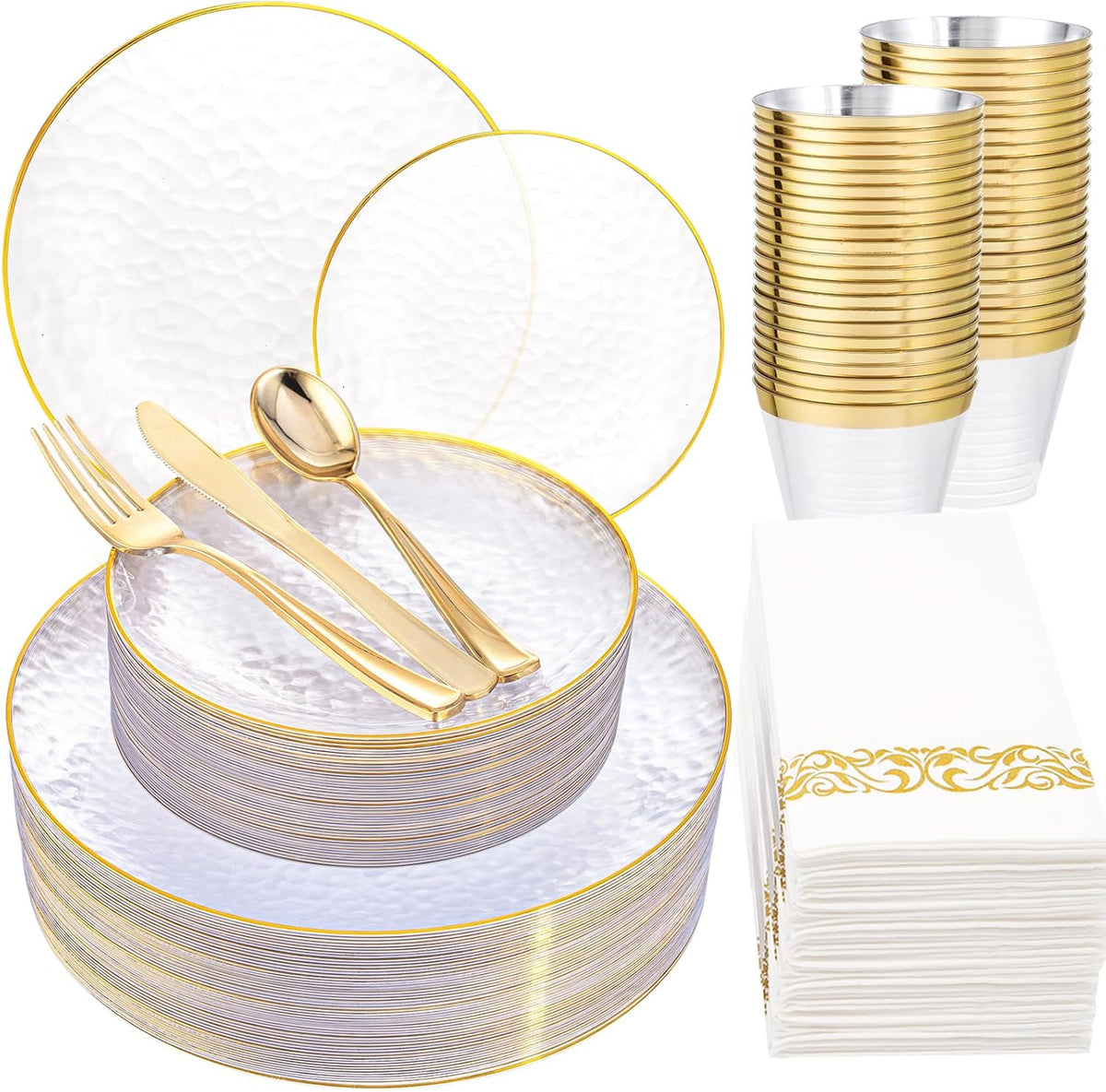 Rubtlamp 175 Pcs Plastic Dinnerware Set (25 Guests), Clear And Gold Plastic Plates, Hammered Party