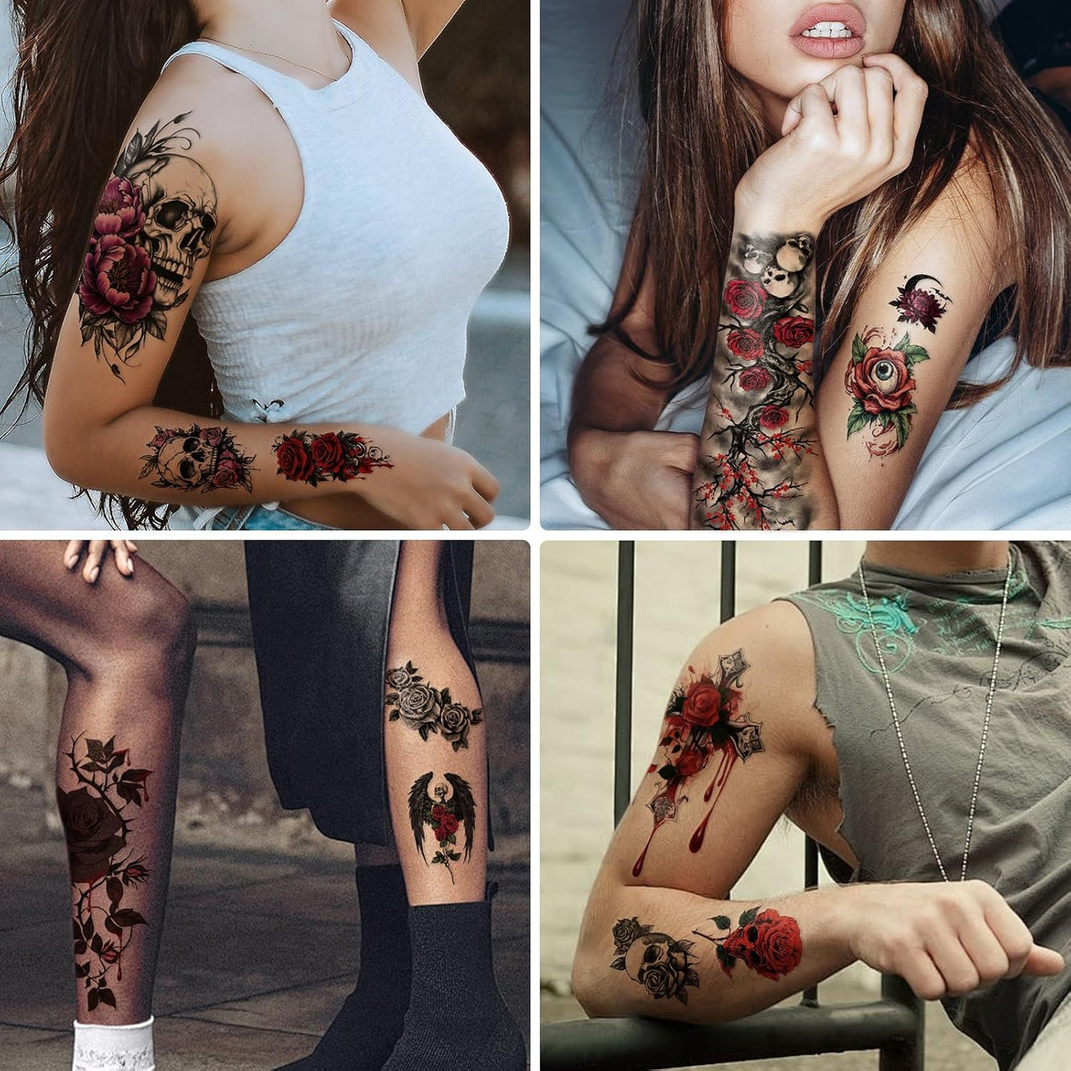 77 Sheets Skull Flower Realistic Temporary Tattoos For Women Men Adult, Large Rose Bones & Flowers
