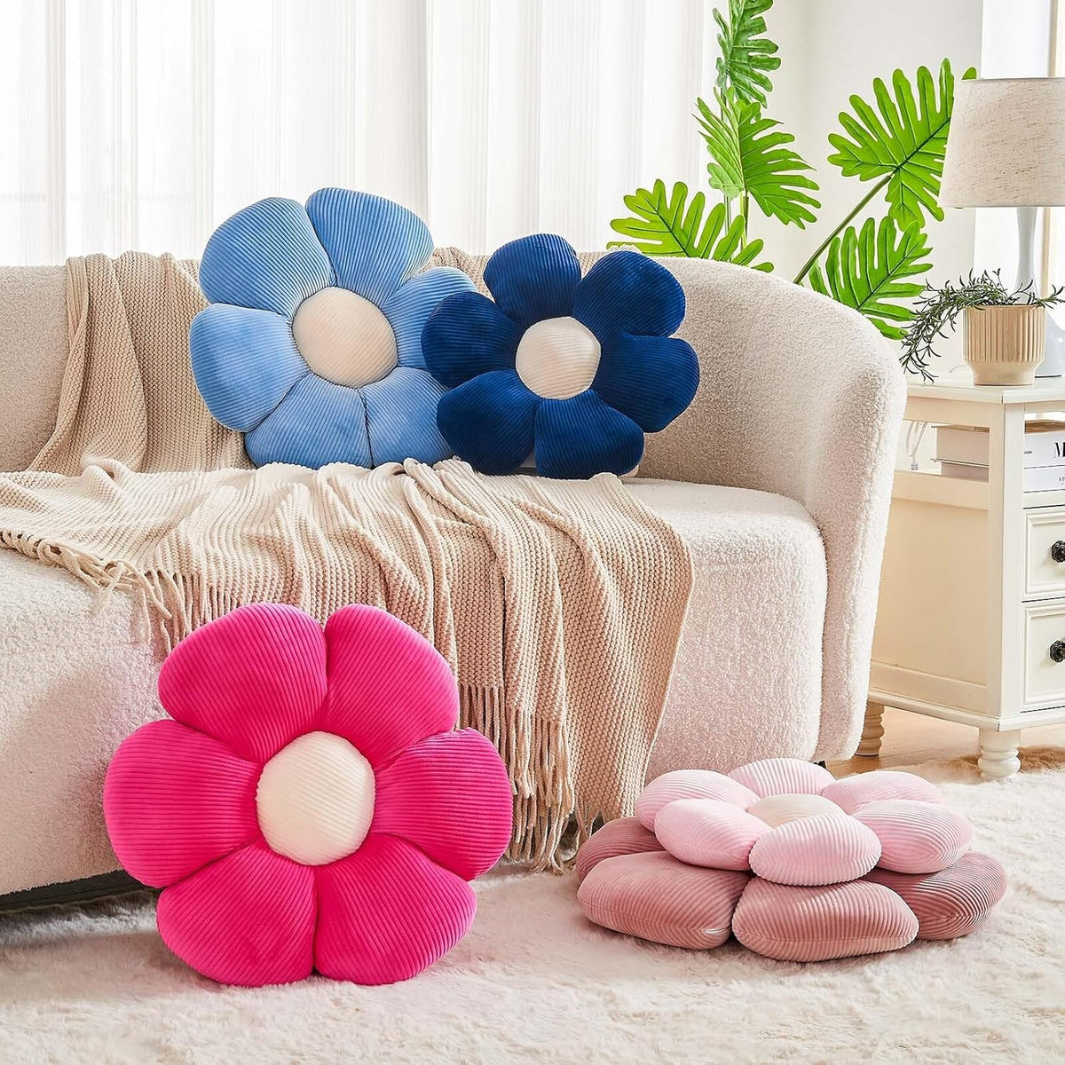 Dusty Blue Flower Pillow, 19.6" Cute Flower Shaped Floor Pillow, Aesthetic Floral Plush Daisy