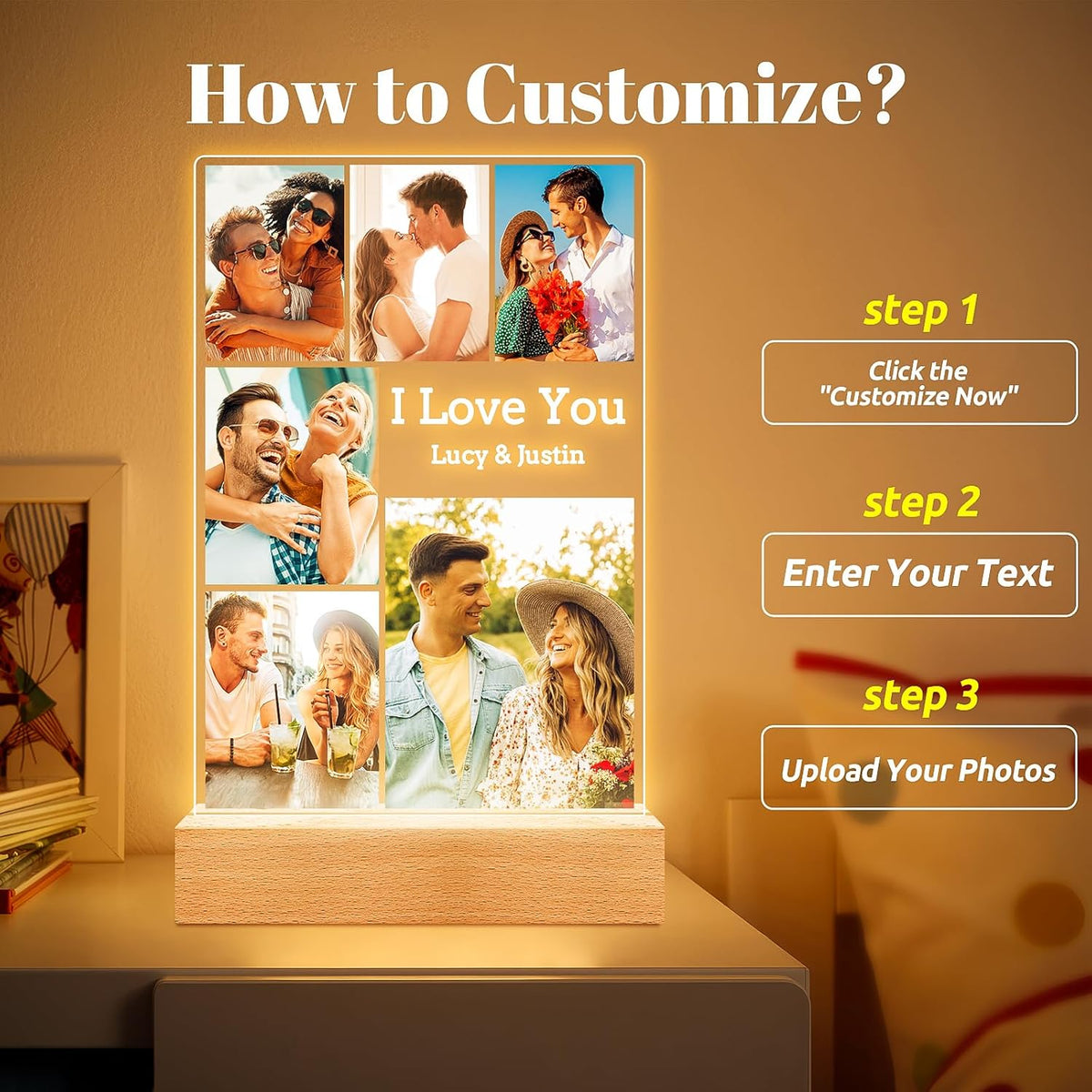 Custom Couple Picture Frames with Photos, Customized Acrylic Plaque Photo Frame with Night Light