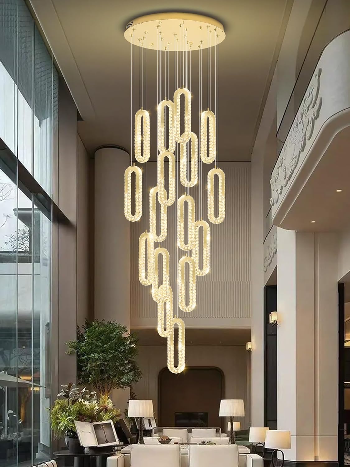 H138 Large Chandelier for High Ceiling,Modern 16-Rings Crystal Chandeliers for Entryway,Gold