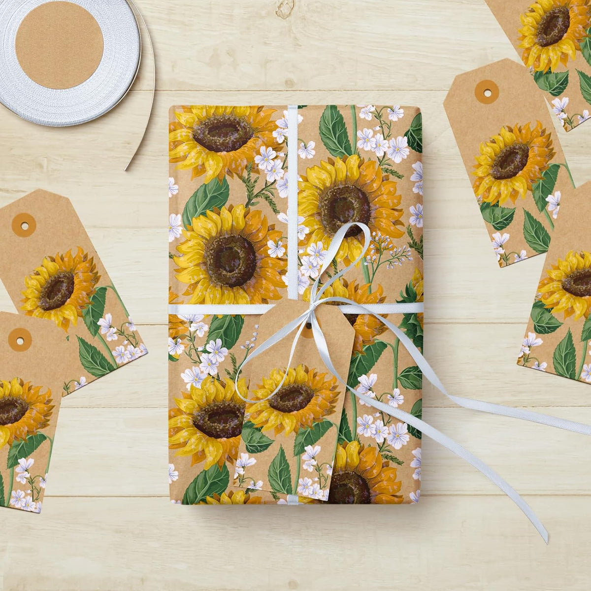 WRAPAHOLIC Kraft Floral Wrapping Paper Roll - Mini Roll - 17 Inch x 9.8 Feet - Sunflower Wrapping