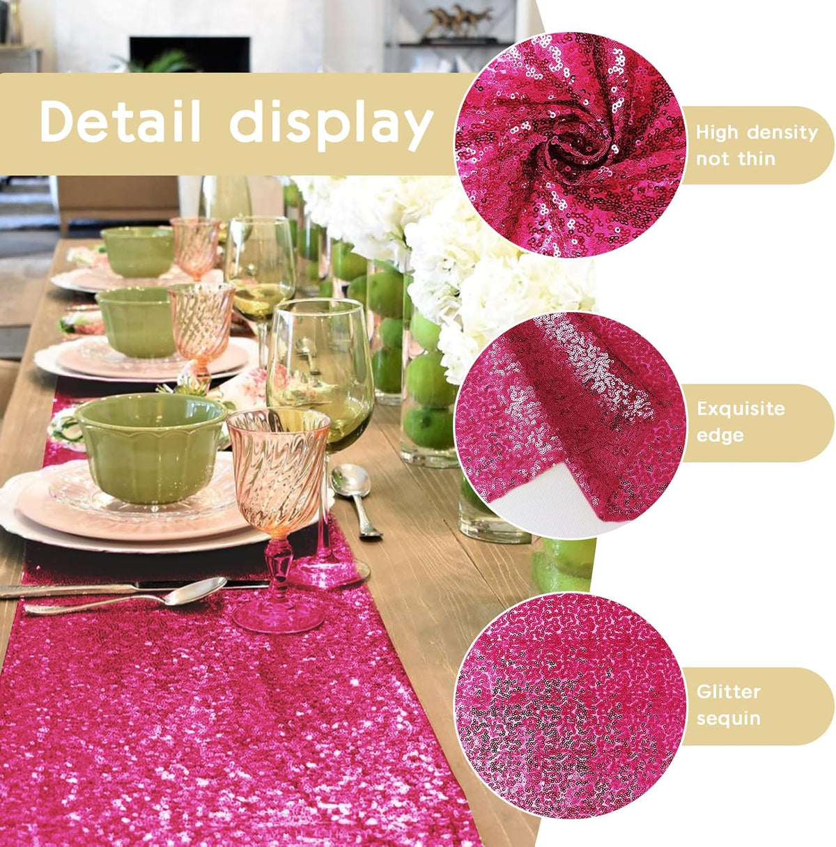 2 Packs 12 x 72 inches Sequin Table Runner, Hot Pink Glitter Table Runner for Birthday Party