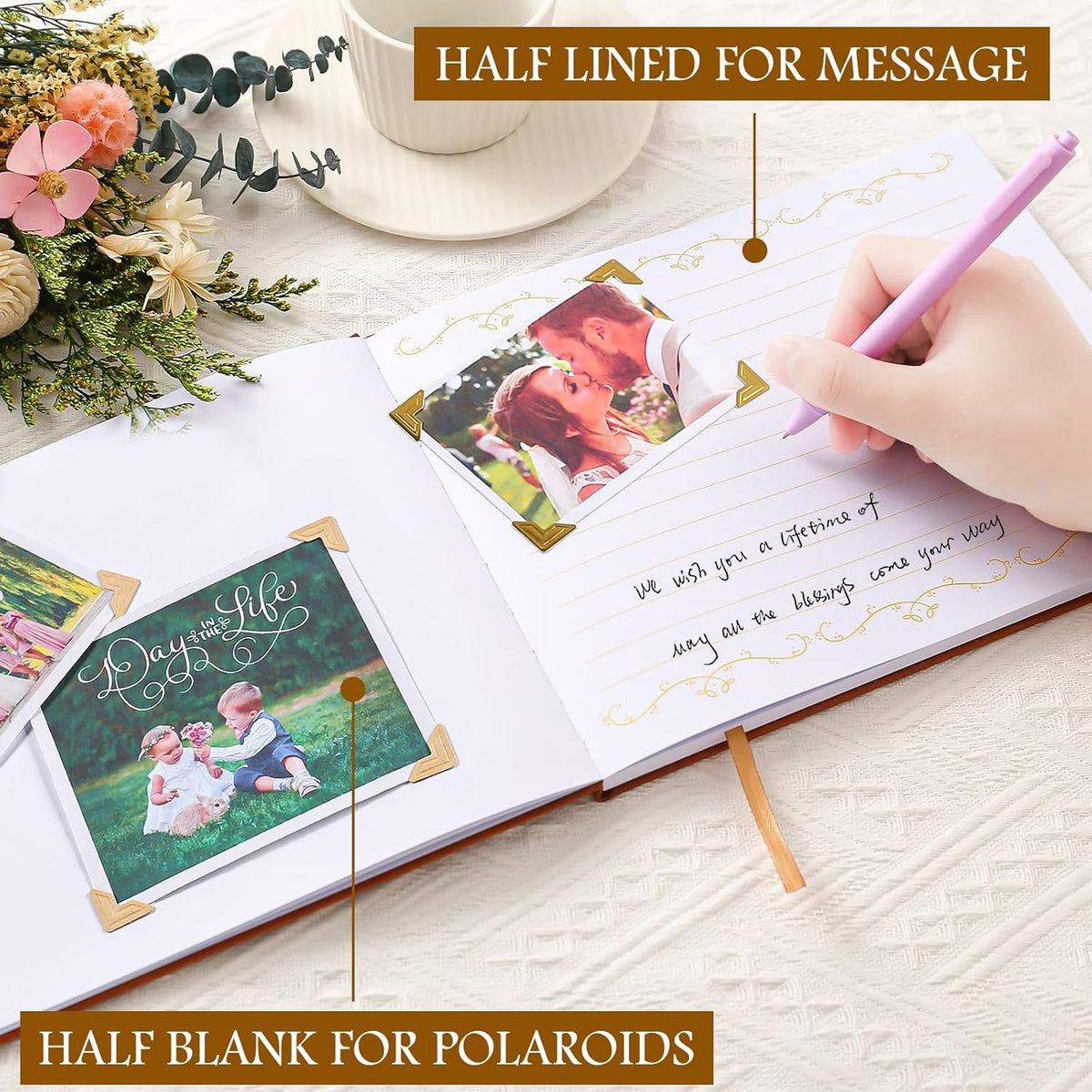 8x10 Leather Guest Book and Standup Sign Set, Gold Foiled Cover Registry Book for Wedding