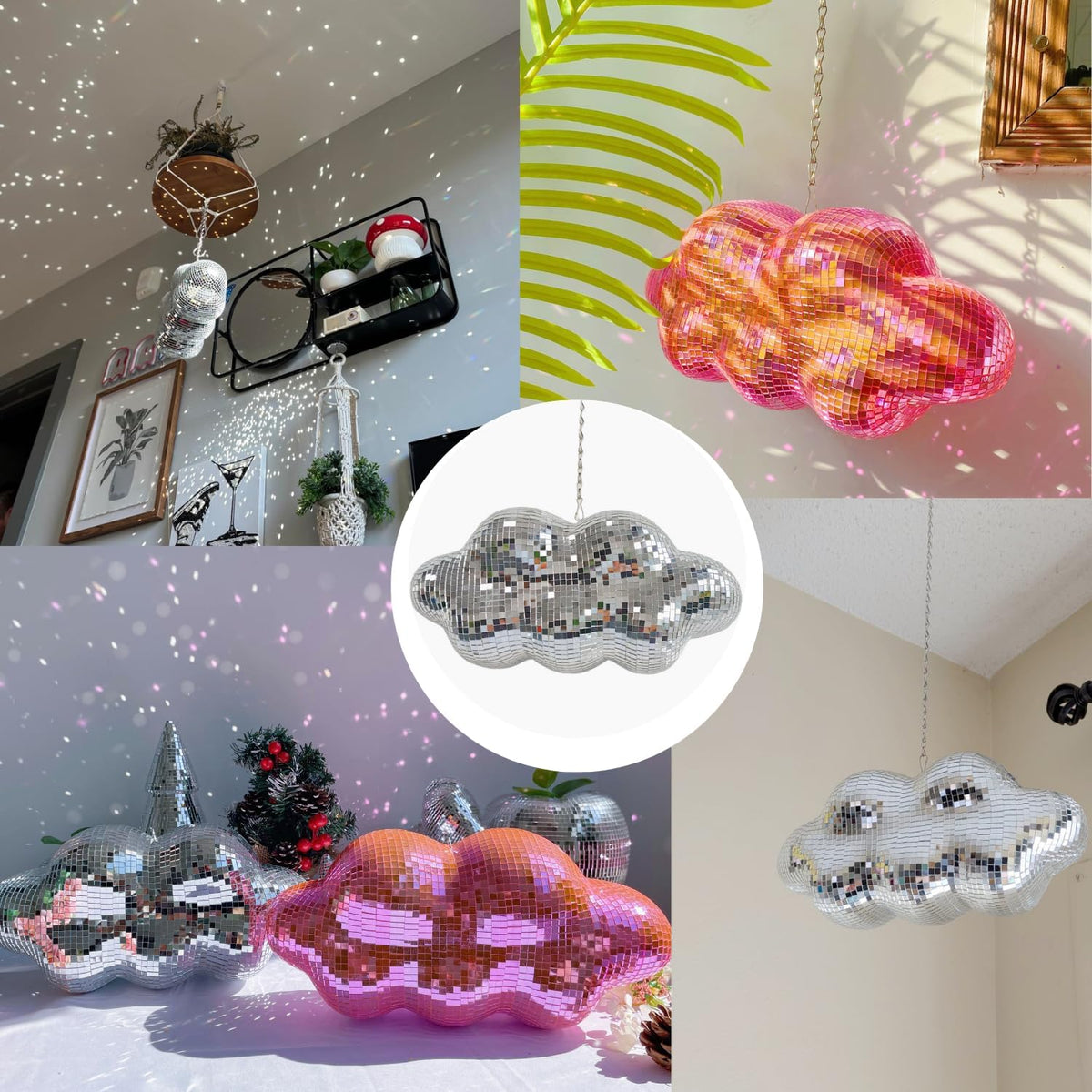 Disco Ball Cloud Shaped, Cute Hanging Party Mirror Decor with Chain, Retro Light Reflective Ball