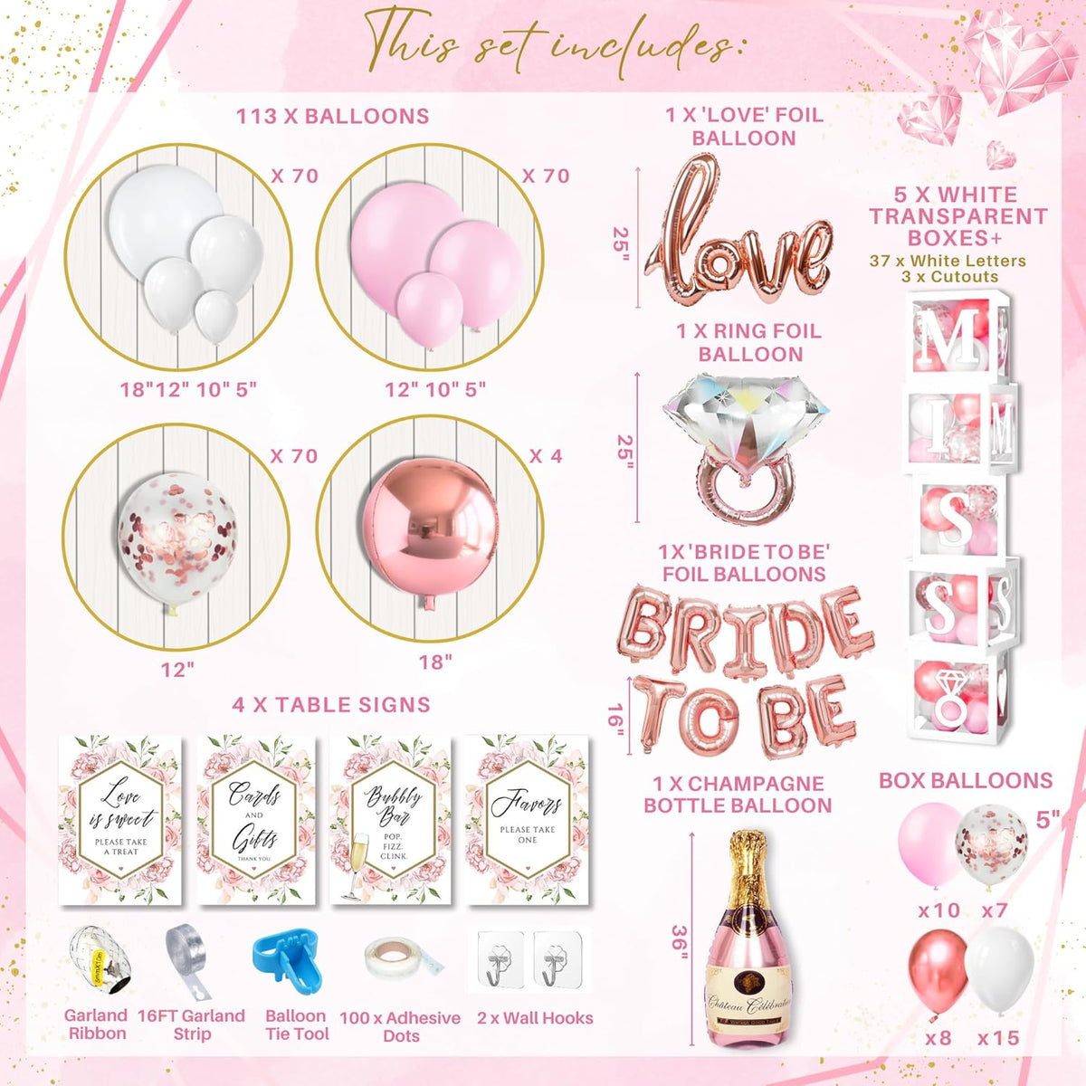 188 pc Pink Bridal Shower Decorations - Includes Balloon Arch & Boxes with A-Z Letters & More