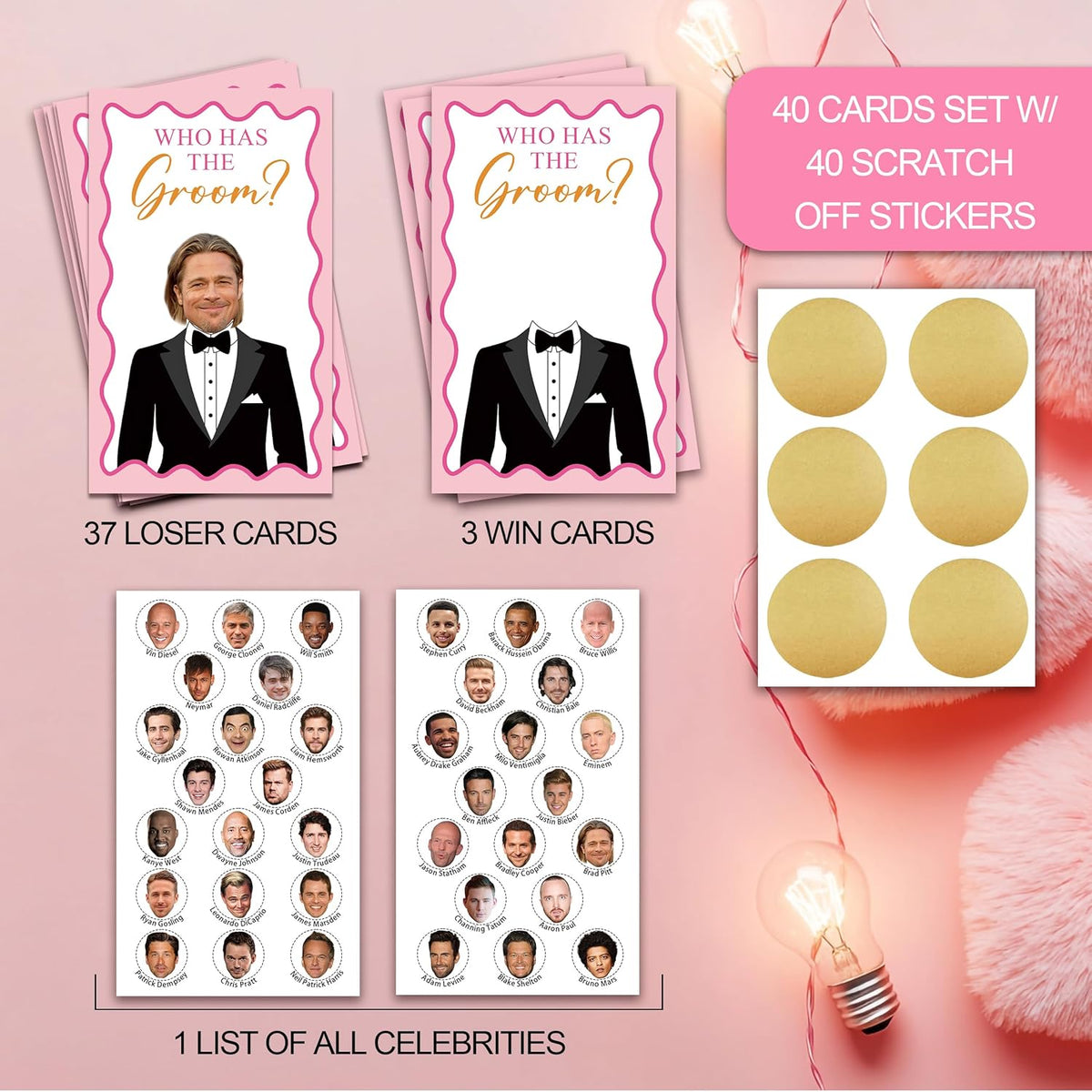 Who Has The Groom Bridal Shower Game Cards, 41Pcs Pink Wedding Shower Scratch Off Games, 3.5"x 2.1"