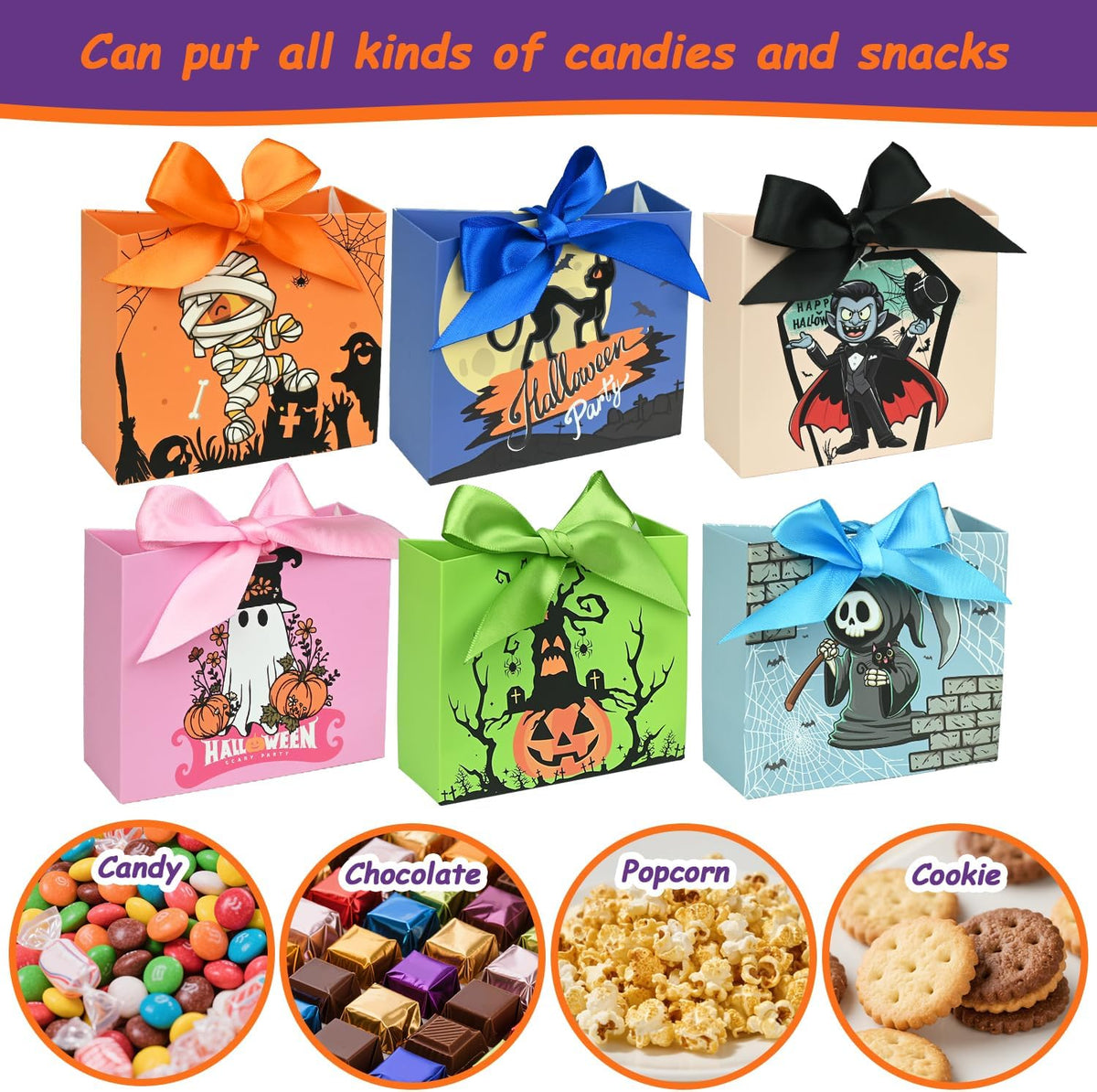 24PCS Halloween Goodies Bags, Trick or Treat Candy Gift Paper Bags Bulk with Ribbons, Halloween