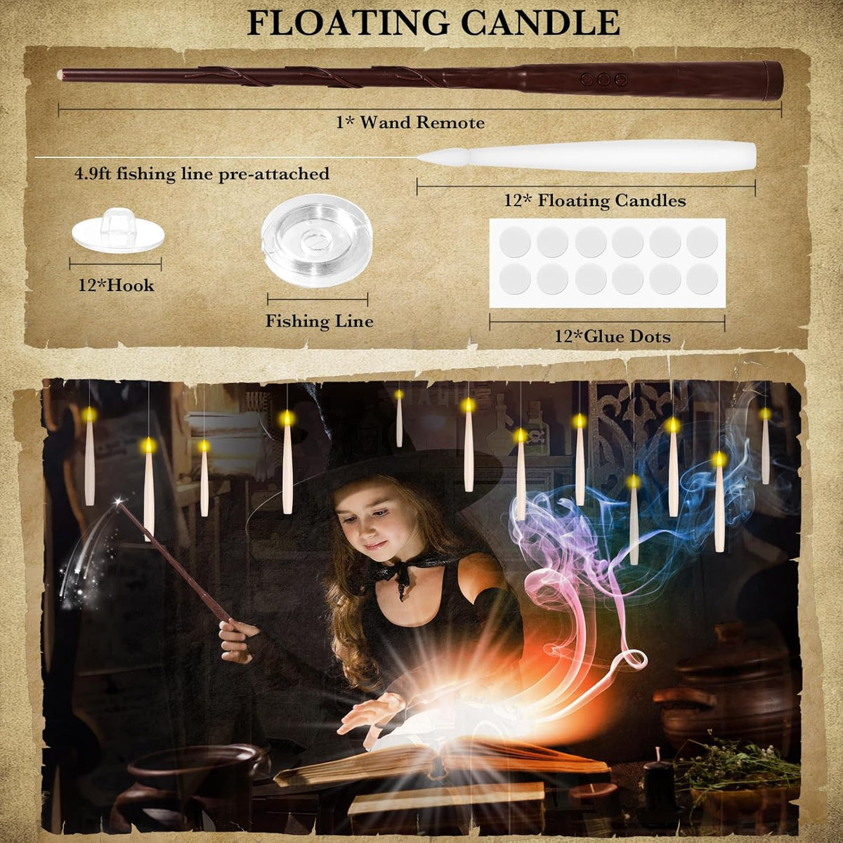 NURADA Floating Candles with Wand Remote Timer - Magic LED Hanging Flameless Taper Candles