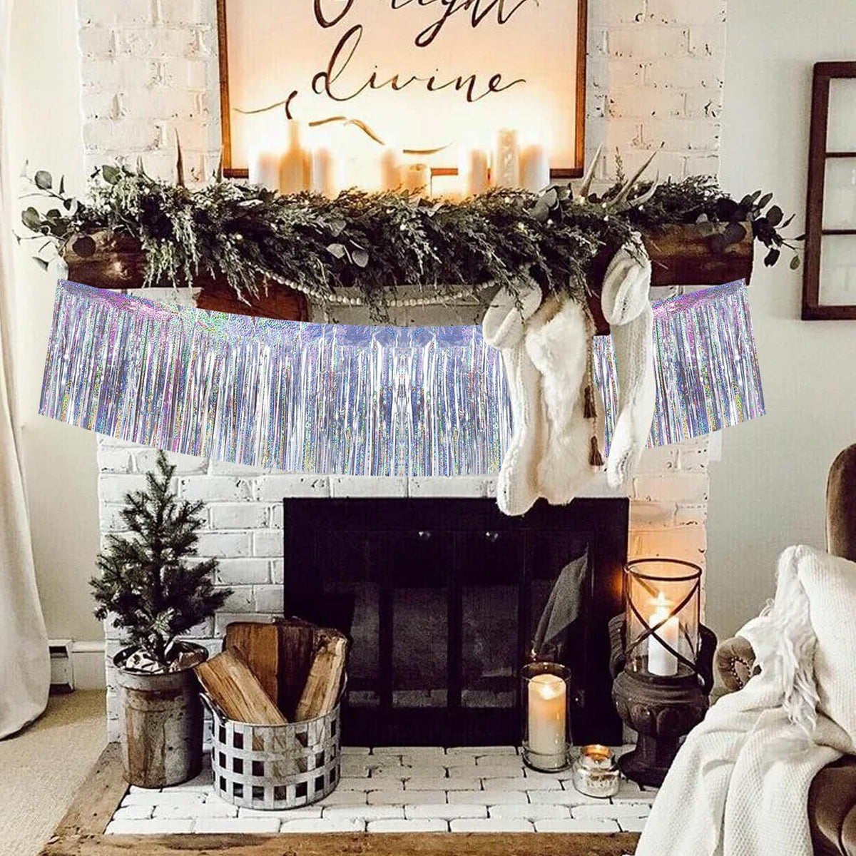 BEISHIDA 3 Packs 30 Feet Metallic Foil Fringe Garland Tinsel Streamers，Laser Silver Wall Hanging