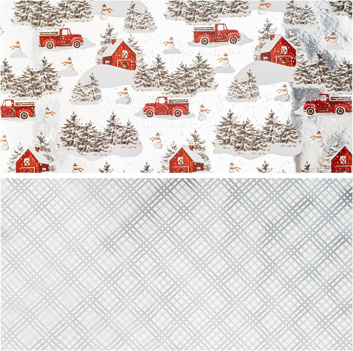 LeZakaa Christmas Silver Wrapping Paper Jumbo Roll for Boy Kid, Red Truck, Snowy Pine Forest & Grid