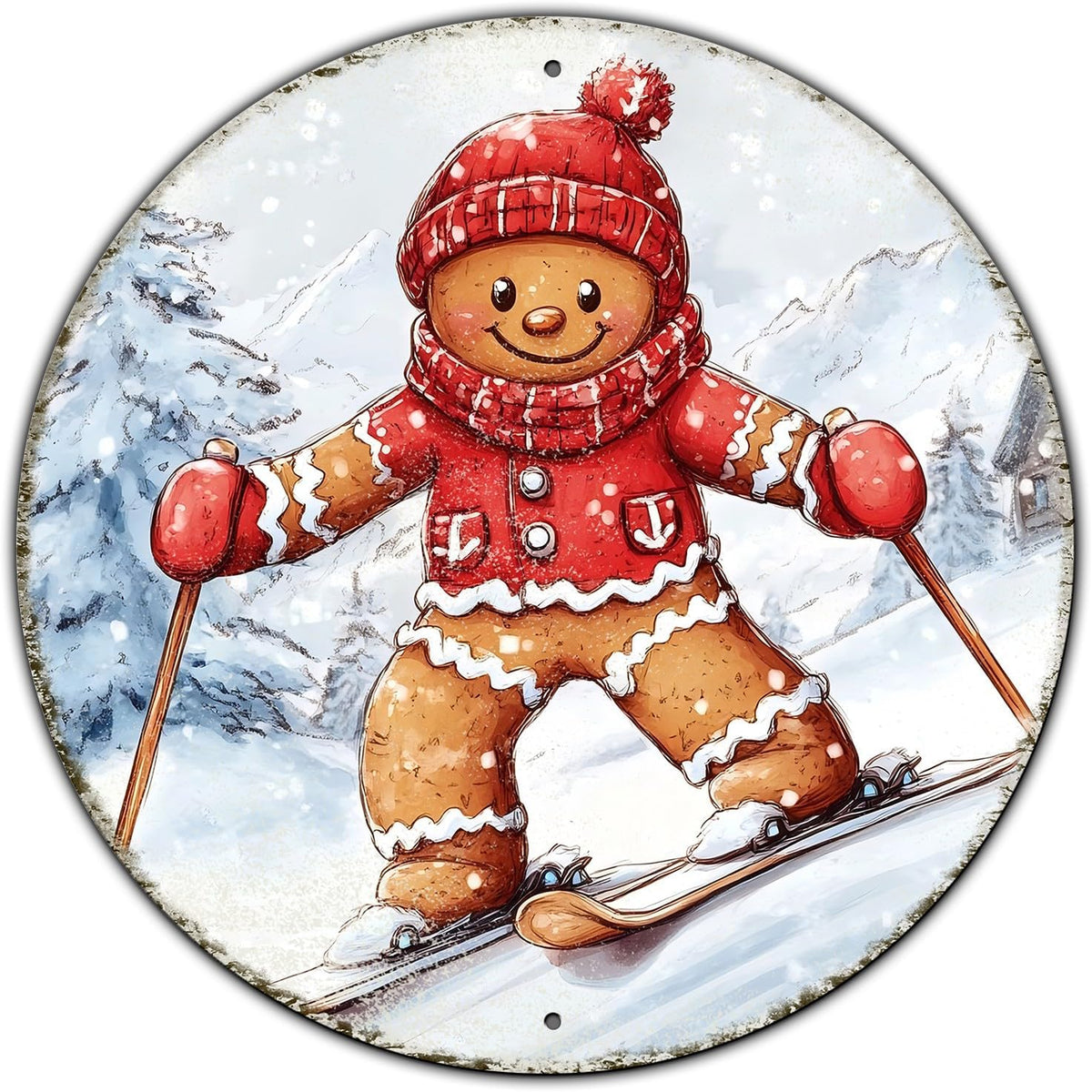 Round Gingerbread Man Ski Vintage Metal Sign Skiing Sign, Office Sign Home Décor Ski Lodge Décor