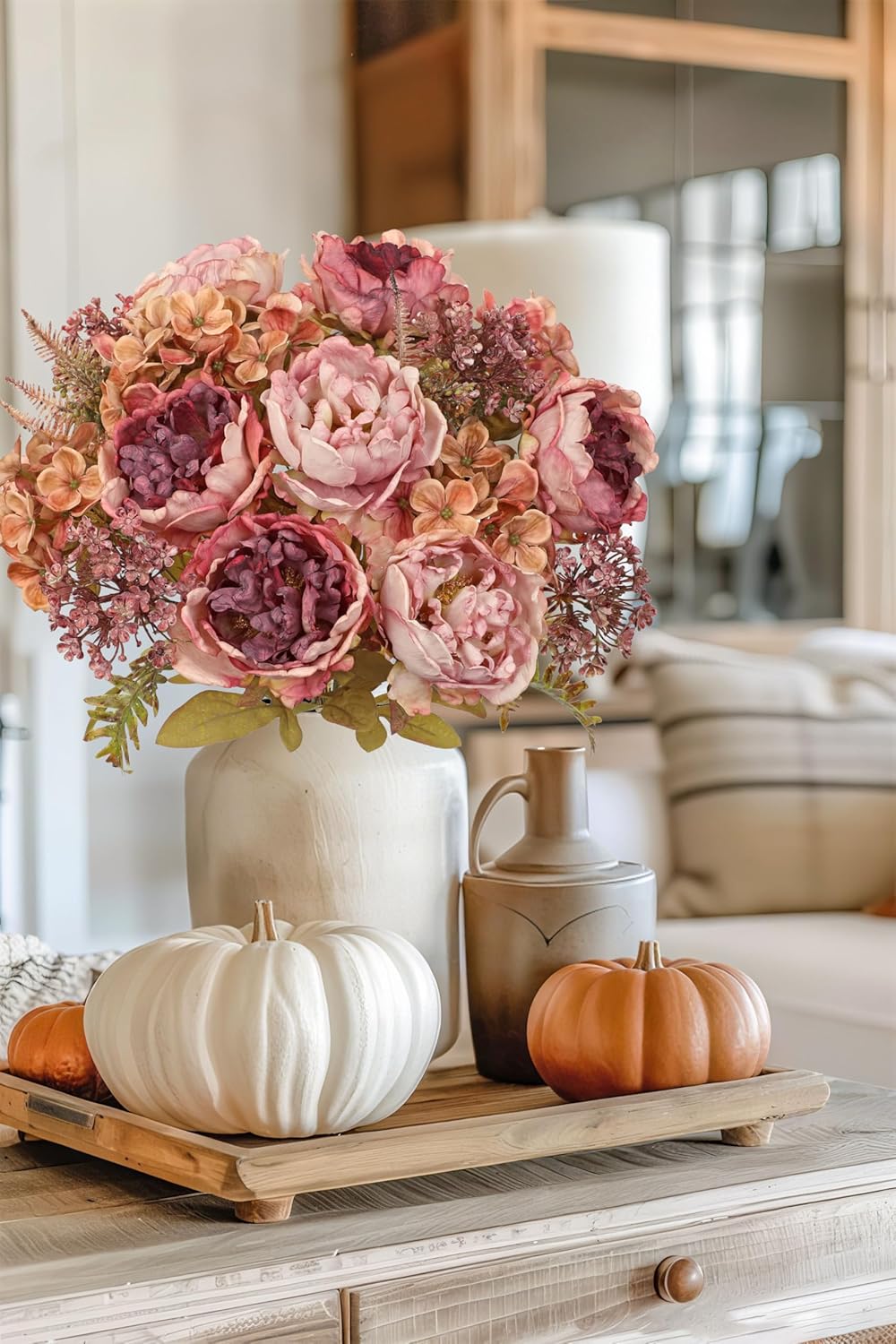 Hollyone 2Pcs Artificial Fall Flowers Bouquet 18.8" Pink Dried Peony Hydrangea Fake Fall Floral