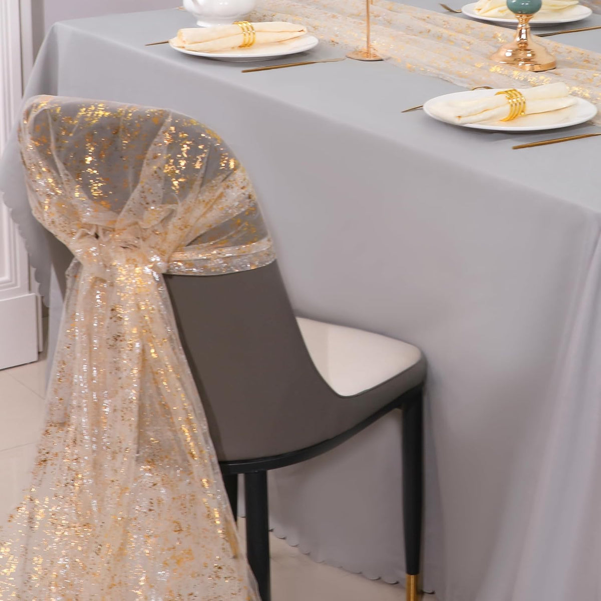 Snowkingdom 3Pcs 10 Ft Gold Table Runners, Sheer Chiffon Tulle Cheesecloth Wedding Runner, Golden
