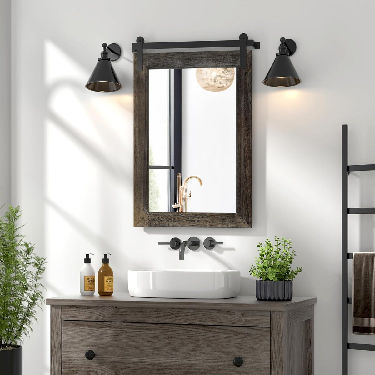 COGOOD Farmhouse Barn Door Mirror - 21" x 30" Rustic Wood Framed Wall Mirror for Bathroom, Living