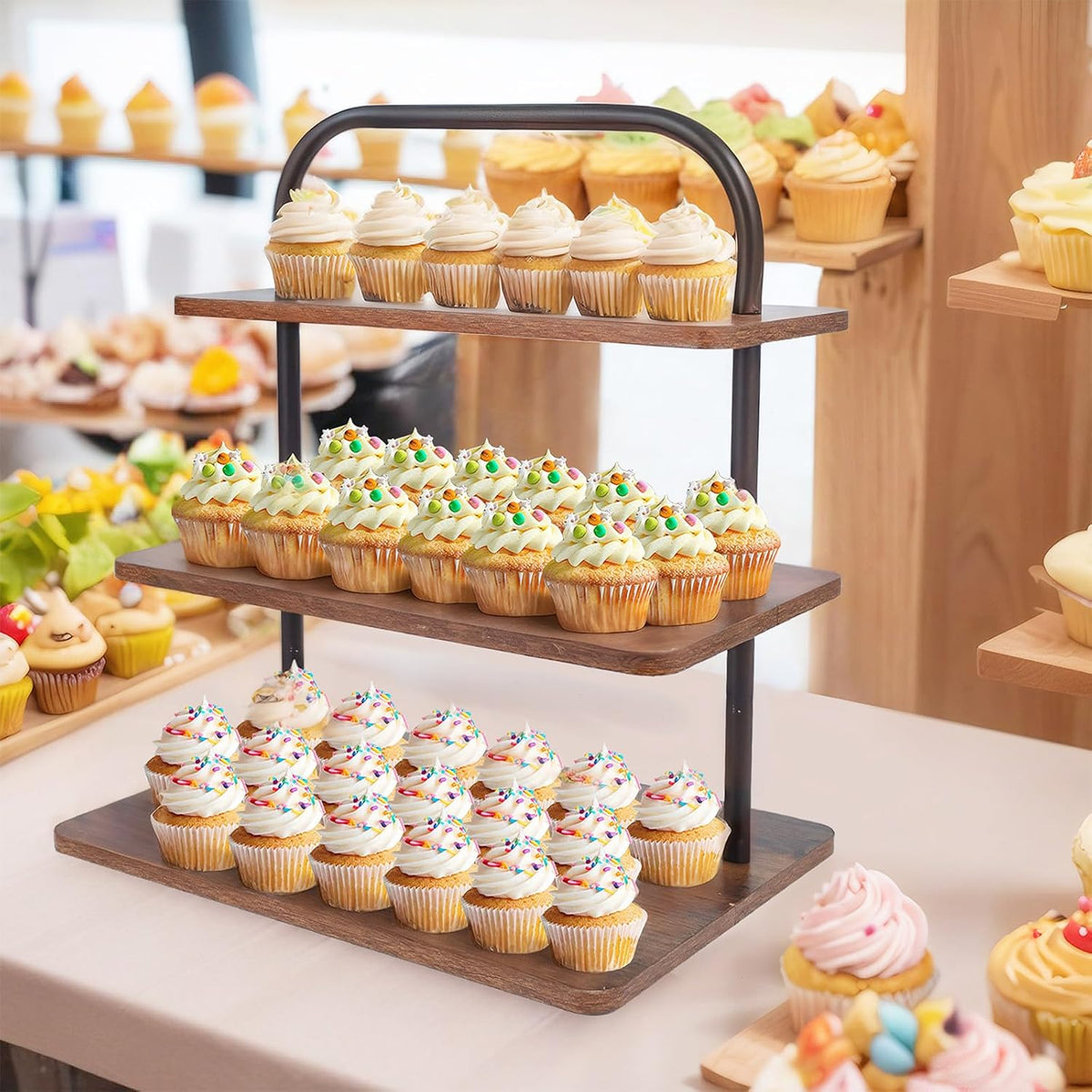Cupcake Stand, 3 Tier Large Cupcake Stand for 50 Cupcakes Rustic Cupcake Display Stand Square Wood